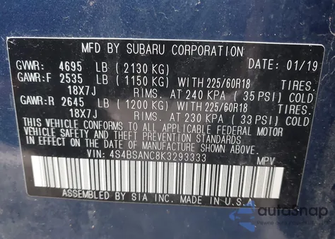 2019 Subaru Outback 2.5I Limited из США, поврежденный, VIN 4S4BSANC8K3293333